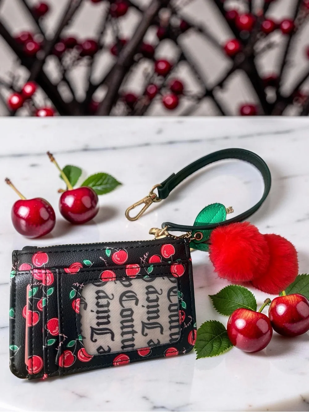 Juicy Couture Black Cherry Print Cardholder with Red Pom Pom Charm 🍒